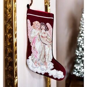 Vintage ANGELS Needlepoint And Velvet Christmas Stocking Maroon & Red